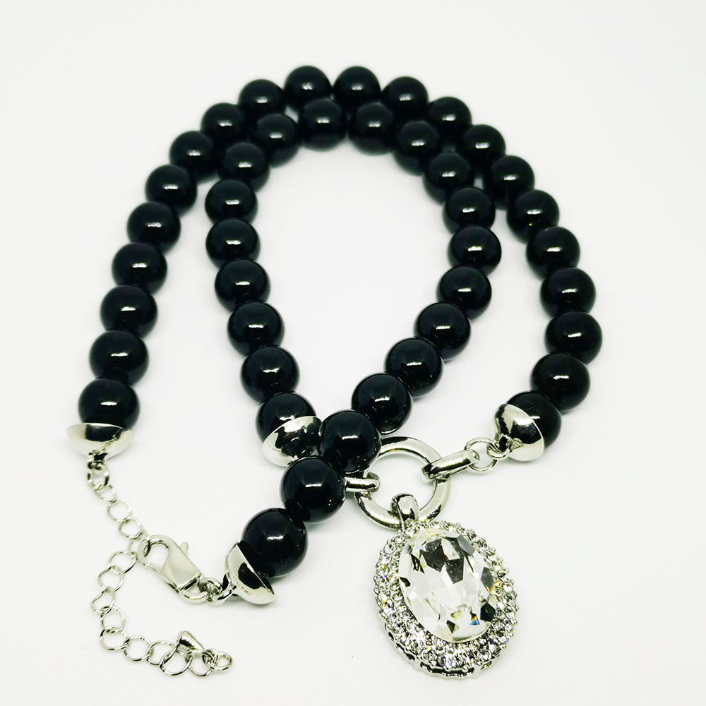 Ayleen Onyx Glass Pearl & Crystal Pendant Necklace - Bella Krystal