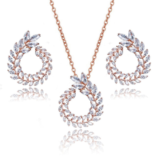 Audrina Crystal Leaf Circlet Earrings & Necklace Set in Rose Gold