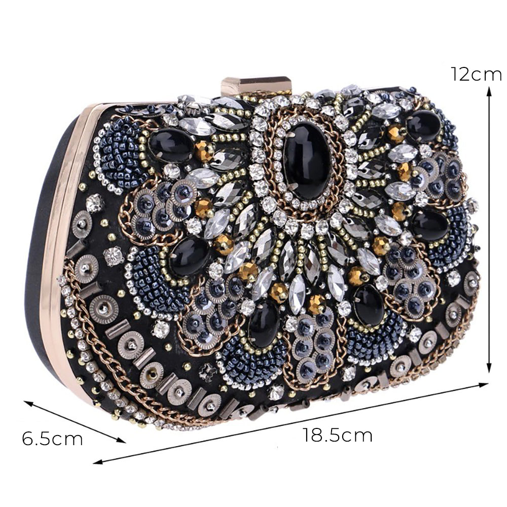 Selene Black Crystal Beaded Clutch