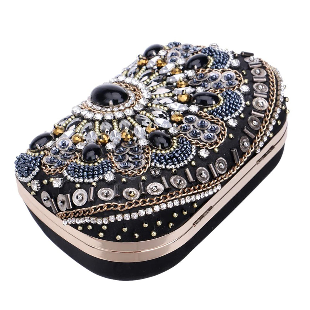 Selene Black Crystal Beaded Clutch