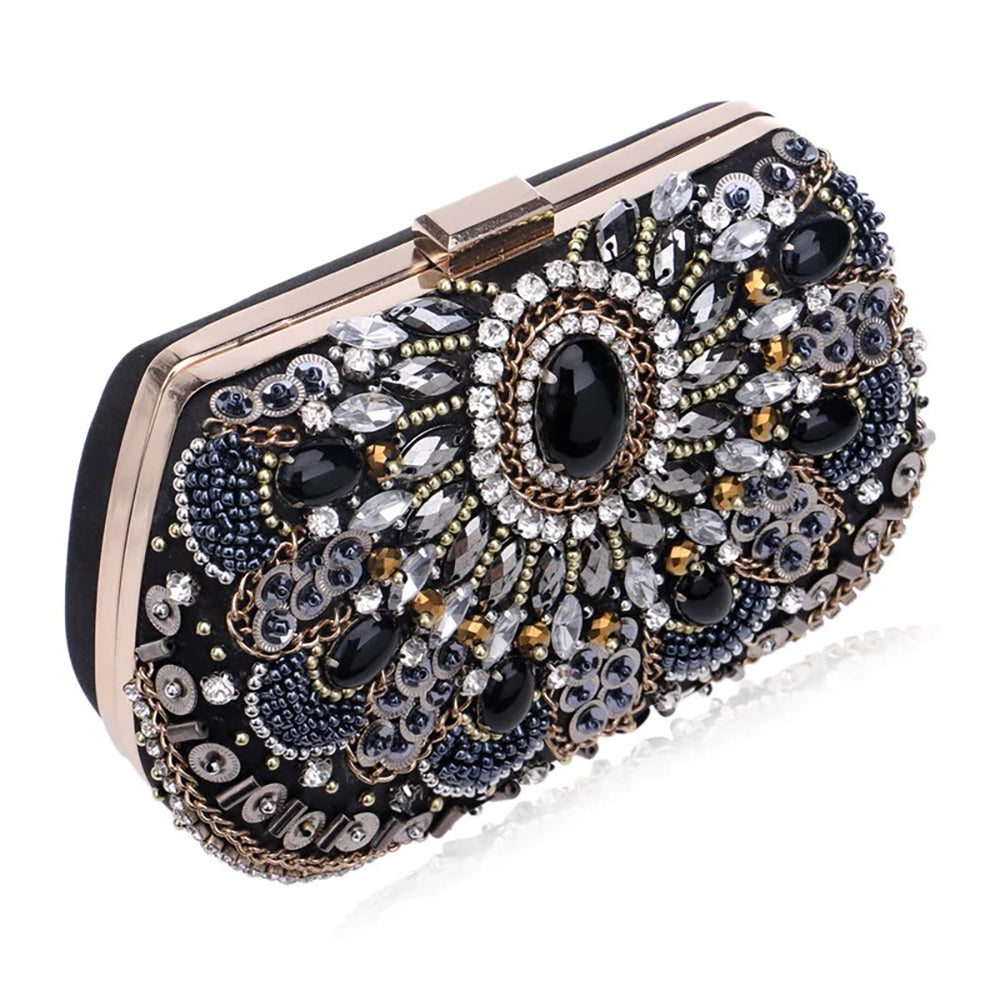 Selene Black Crystal Beaded Clutch