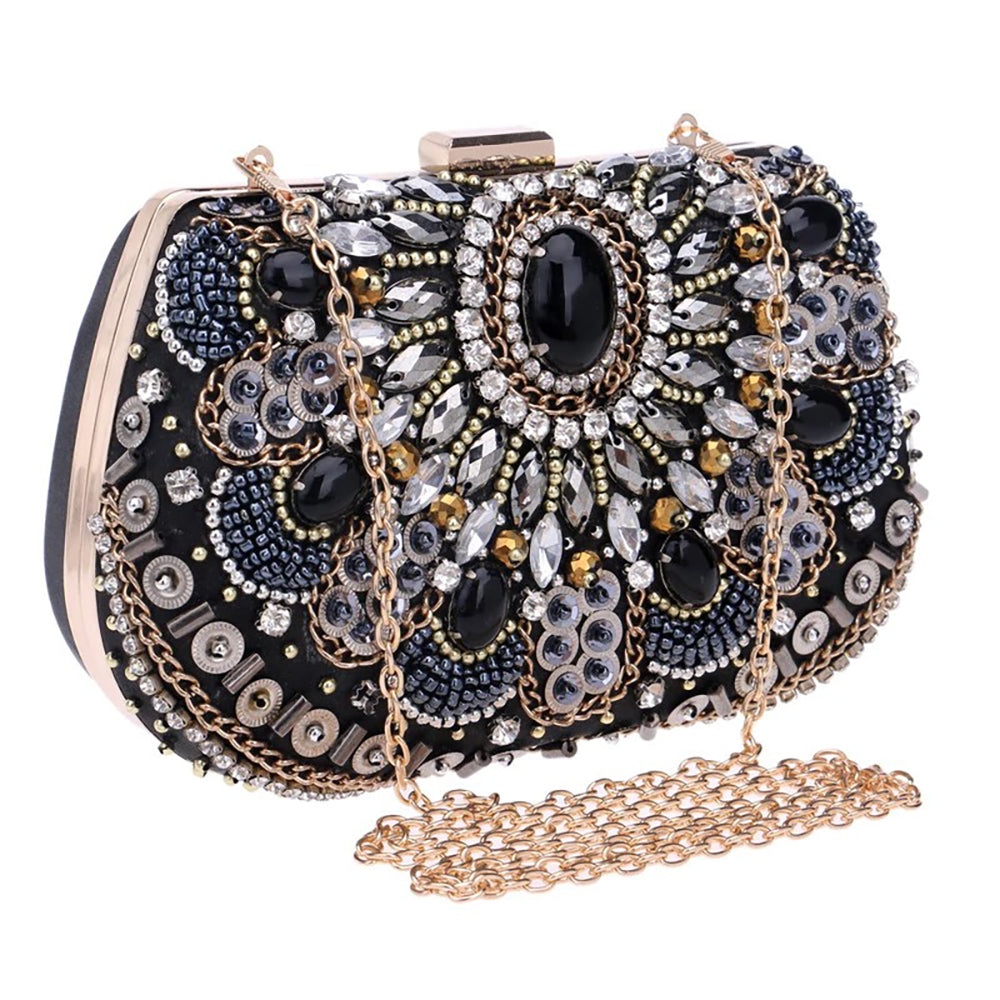 Selene Black Crystal Beaded Clutch