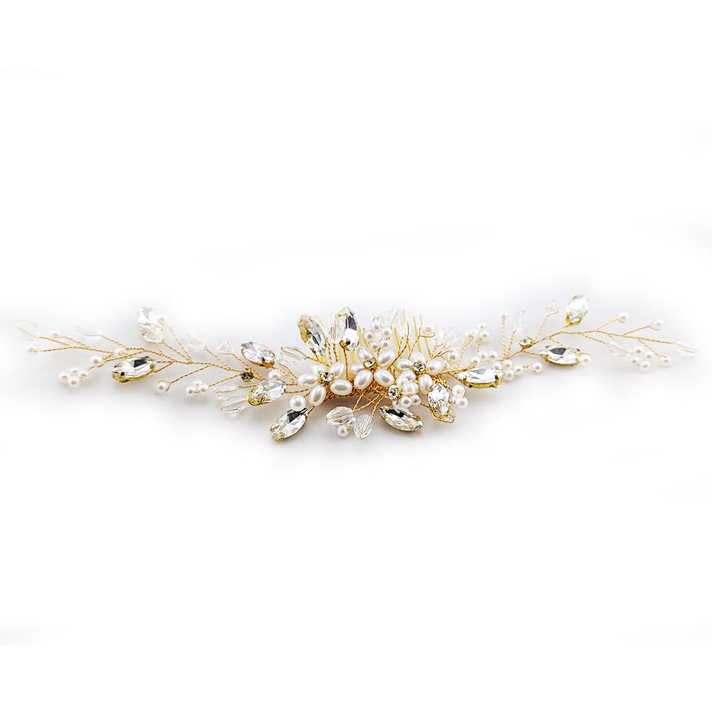 Weir Gold Crystal & Pearl Bridal Comb