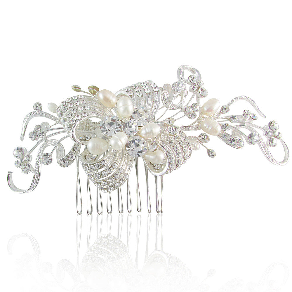 Margaret Crystal Bow & Fresh Water Pearl Hair Comb - Bella Krystal